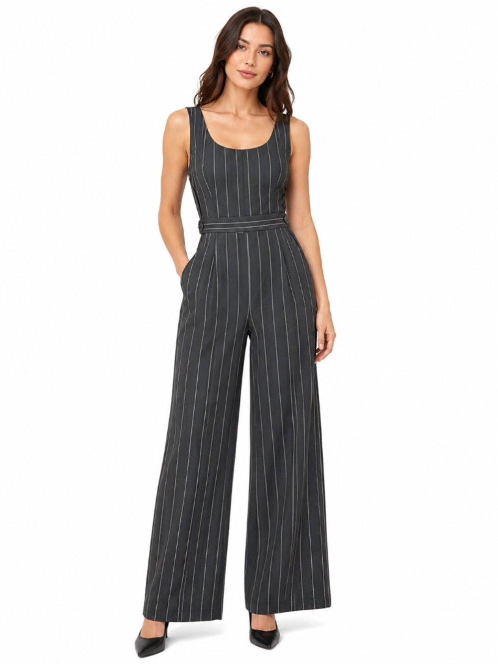 Nanette Lepore Black Gold Pinstripe Wide Leg Belted Jumpsuit with Pockets Size 6